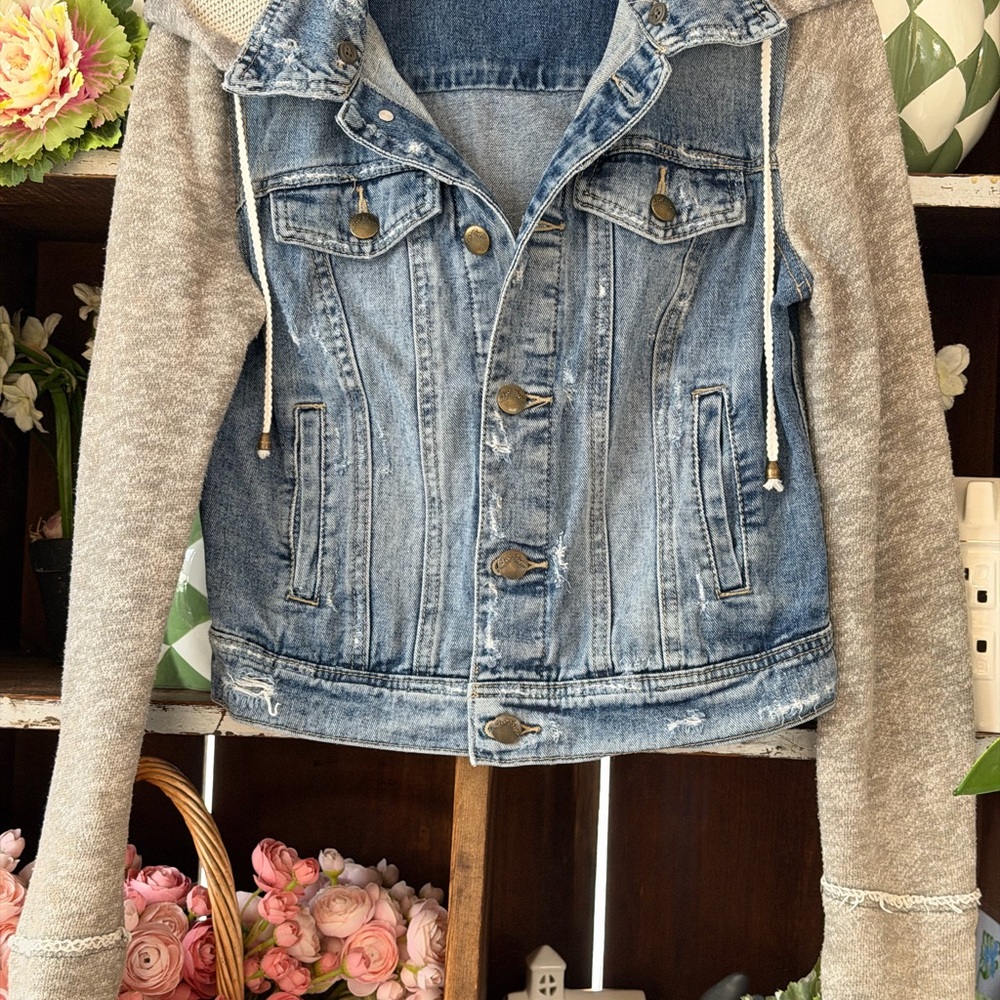 Free People Distressed Blue Denim Jacket with Gray Sleeves